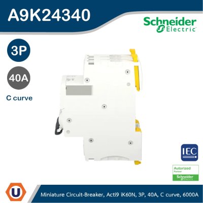 Schneider Electric Miniature Circuit-Breaker, Acti9 iK60N, 3P, 40 A, C Curve, 6000 A (IEC 60898-1) I A9K24340