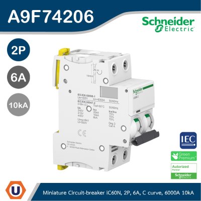 Schneider Electric Miniature circuit-breaker, Acti9 iC60N 6kA@400VAC, 2Pole, 6A | A9F74206