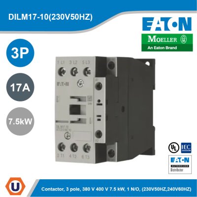 EATON Contactor, 3 pole, 380 V 400 V 7.5 kW, 1 N/O, 230 V 50 Hz, 240 V 60 Hz, AC | DILM17-10(230V50HZ,240V60HZ)