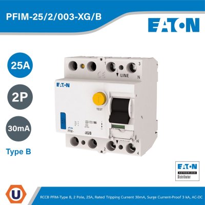 EATON Circuit Breaker (RCCB) PFIM-Type B, 2 Pole, 25A, 30mA, Surge Current-Proof AC-DC - PFIM-25/2/003-XG/B
