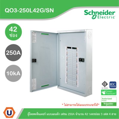 Schneider Electric ตู้โหลดเซ็นเตอร์สแควร์ดี แบบเมนลัก (ไม่สามารถใส่เมนเบรกเกอร์ได้) เฟรม 250A จำนวน 42 วงจรย่อย ไฟ 3 เฟส 4 สาย