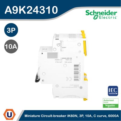 Schneider Electric Miniature Circuit-Breaker, Acti9 iK60N, 3P, 10 A, C Curve, 6000 A (IEC 60898-1) I A9K24310