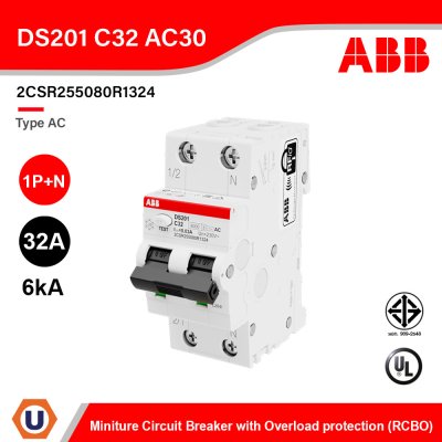 ABB Miniature Circuit Breaker with Overload protection (RCBO) Type AC 1P+N 32A 6kA 30mA 240V