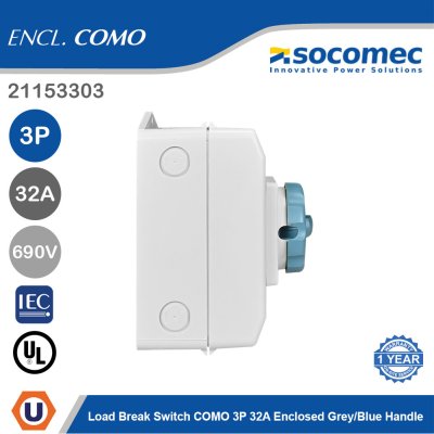 Socomec Load Break Switch COMO 3P 32A Enclosed Grey/Blue Handle | 21153303