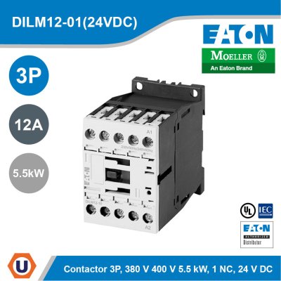 EATON Contactor 3P, 380V 400V 5.5 kW, 1 NC, 24 VDC, DC operation, Screw terminals | DILM12-01(24VDC)