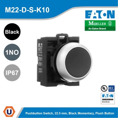 EATON Pushbutton, Black Actuator, Silver Bezel, 1No, Ip67, Ip69K, Non-Illuminated l M22-D-S-K10
