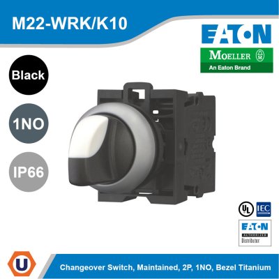 EATON Changeover Switch, RMQ-Titan, With thumb-grip, maintained, 2P, 1 NO, Bezel titanium | M22-WRK/K10