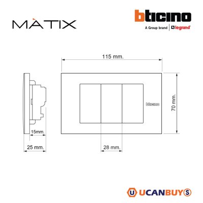 BTicino ชุดสวิตซ์สองทาง Size S มีพรายน้ำ พร้อมฝาครอบ 3ช่อง สีดำ | Matix