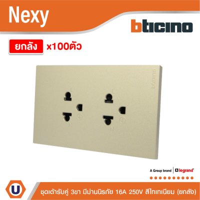 ยกลัง | BTicino ชุดเต้ารับคู่มีกราวด์ 3 ขา มีม่านนิรภัย สีไทเทเนียม 16A 250V รุ่น Nexy | QT4185A