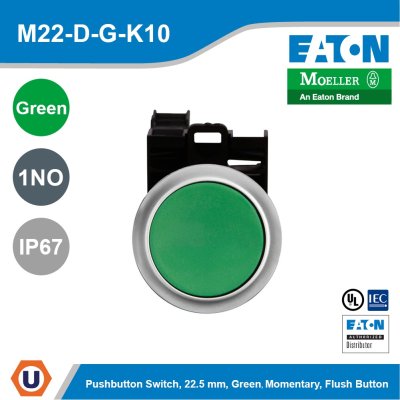 Eaton M22 modular pushbutton, 22.5 mm RMQ-Titan Pushbutton,Green Actuator, l M22-D-G-K10