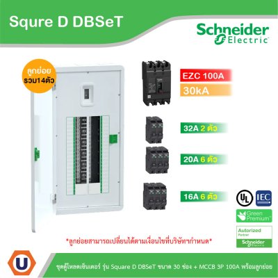 Schneider Electric ชุดตู้โหลดเซ็นเตอร์ Square D DBSeT 30ช่อง+MCCB EZC 3P 100A 30kA พร้อมลูกย่อย14ตัว