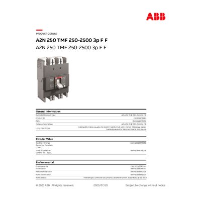 ABB BREAKER FORMULA A2N 250 TMF 250-2500 3P F F