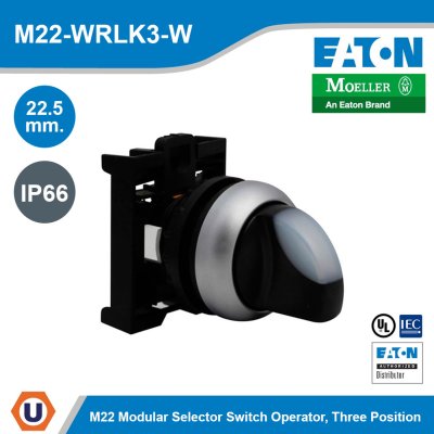 EATON Modular Selector Switch Operator 3 ตำแหน่ง สีขาว IP66 | M22-WRLK3-W