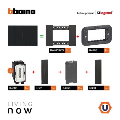 BTicino ชุดสวิตช์สองทาง 1 สวิตช์ พร้อมหน้ากากขนาด 3 ช่อง สีดำ 2 WAY Switch 1 modules, Cover Plate Black | Living Now
