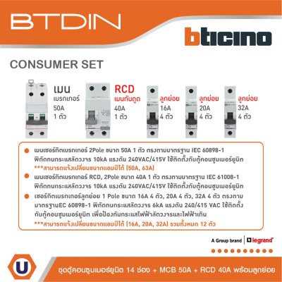 BTicino ชุดตู้คอนซูมเมอร์ยูนิต BTDIN 14ช่อง (แบบเกาะราง)+MCB 2P 50A+RCD 2P 40A