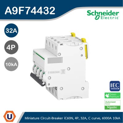 Schneider Electric Miniature Circuit-Breaker, Acti9 iC60N, 4P, 32A | A9F74432
