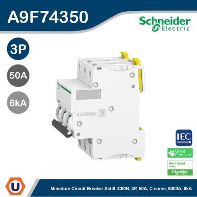 Schneider Electric Miniature circuit-breaker, Acti9 iC60N 6kA@400VAC, 3Pole, 50A | A9F74350