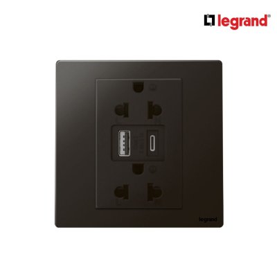 Legrand เต้ารับคู่มีกราวด์ + USB Type A+C สีดำ1G EURO-US 16A Socket With USB Charger| Mallia Senses | 281204MB