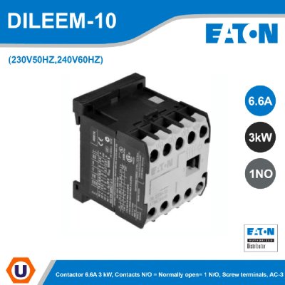 EATON Contactor 6.6A 3 kW, Contacts N/O = Normally open= 1 N/O, Screw terminals, AC-3 | DILEEM-10(230V50HZ,240V60HZ)