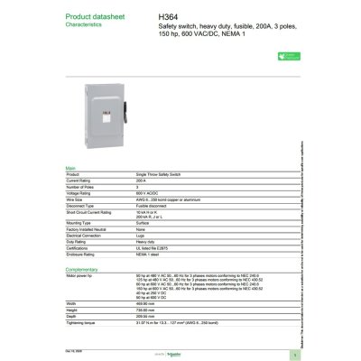 Schneider Electric Safety Switch 200A 3 เฟส 600VAC เซฟตี้สวิตช์ แบบติดตั้งฟิวส์ได้ ใช้ภายในอาคาร | H364