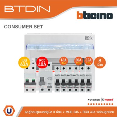 BTicino ชุดตู้คอนซูมเมอร์ยูนิต BTDIN 8ช่อง (แบบเกาะราง)+MCB 2P 63A+RCD 2P 40A