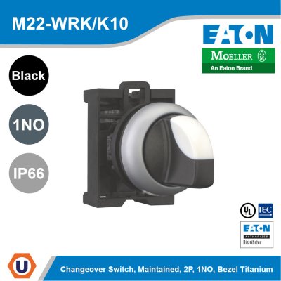 EATON Changeover Switch, RMQ-Titan, With thumb-grip, maintained, 2P, 1 NO, Bezel titanium | M22-WRK/K10
