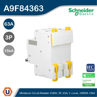 Schneider Electric Miniature circuit-breaker, Acti9 iC60H 10kA@400VAC, 3Pole, 63A | A9F84363