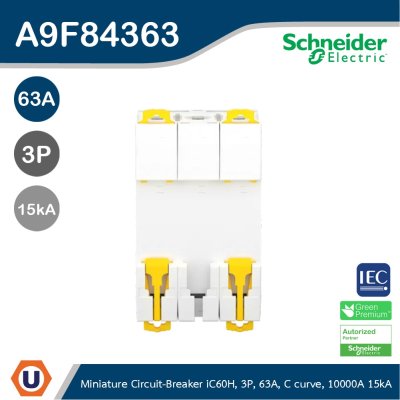 Schneider Electric Miniature circuit-breaker, Acti9 iC60H 10kA@400VAC, 3Pole, 63A | A9F84363