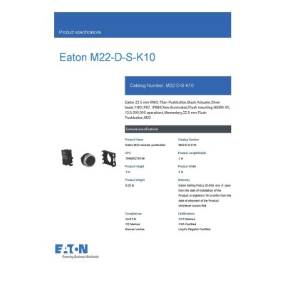 EATON Pushbutton, Black Actuator, Silver Bezel, 1No, Ip67, Ip69K, Non-Illuminated l M22-D-S-K10
