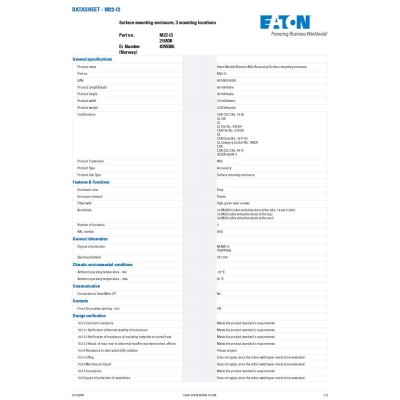 EATON MOELLER M22-I3 Surface Mount, Polycarbonate, 3Holes, 22mm, Grey, 80mm, 153mm l M22-I3