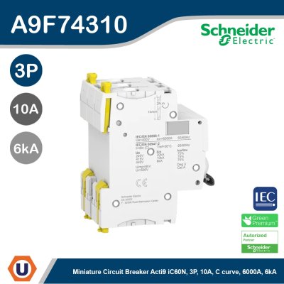 Schneider Electric Miniature circuit-breaker, Acti9 iC60N 6kA@400VAC, 3 Pole, 10A | A9F74310