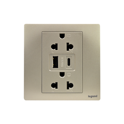 Legrand เต้ารับคู่มีกราวด์+USB Type A+C สีแชมเปญ1G EURO-US 16A Socket With USB Charger|Mallia Senses|Champaigne|281204CH