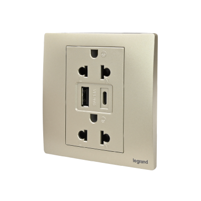 Legrand เต้ารับคู่มีกราวด์+USB Type A+C สีแชมเปญ1G EURO-US 16A Socket With USB Charger|Mallia Senses|Champaigne|281204CH