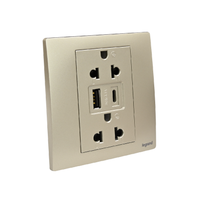 Legrand เต้ารับคู่มีกราวด์+USB Type A+C สีแชมเปญ1G EURO-US 16A Socket With USB Charger|Mallia Senses|Champaigne|281204CH