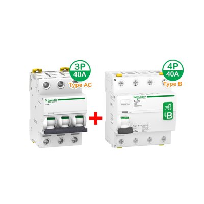 Schneider ชุดเบรกเกอร์ MCB TypeAC 3P 40A+ Acti9 RCCB ilD Type B 4P, 40A, สำหรับ EV Charger 11kW, 30mA สำหรับไฟ 3เฟส 4สาย