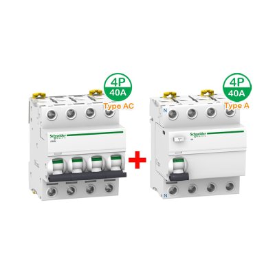 Schneider ชุดเบรกเกอร์ MCB Type AC + Acti9 RCCB ilD Type A สำหรับ EV Charger 22kW, 4P, 40A, 30mA สำหรับไฟ 3เฟส 4สาย