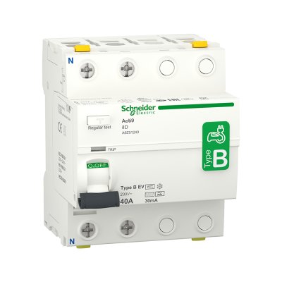 Schneider ชุดเบรกเกอร์ MCB Type AC + Acti9 RCCB ilD Type B สำหรับ EV Charger 7.4kW, 2P, 40A, 30mA สำหรับไฟ 1เฟส 3สาย