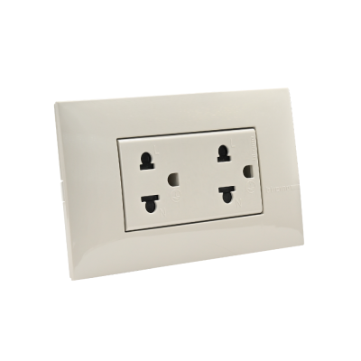 BTicino ชุดเต้ารับคู่ 3 ขา 3 ช่อง มีม่านนิรภัย สีเบจ Duplex Socket 2P+E 16A 250V with Safety Shutter รุ่น Bamboo