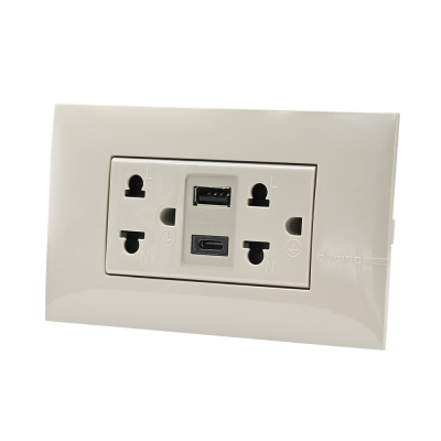 BTicino เต้ารับ USB Type A+C+เต้ารับคู่ 3ขา สีเบจDuplex Socket 2P+E +USB Charger Type A+C 2Ports BEIGE|Bamboo|AE4185ACEH