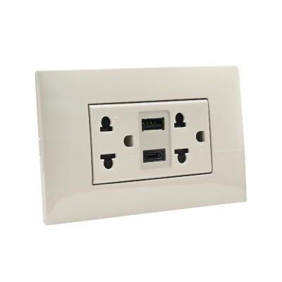 BTicino เต้ารับ USB Type A+C+เต้ารับคู่ 3ขา สีเบจDuplex Socket 2P+E +USB Charger Type A+C 2Ports BEIGE|Bamboo|AE4185ACEH