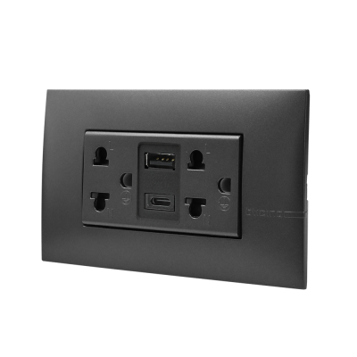 BTicino เต้ารับ USB Type A+C+เต้ารับคู่ 3ขา สีดำDuplex Socket 2P+E+USB Charger Type A+C,2Ports |Bamboo|AE4185ACGR