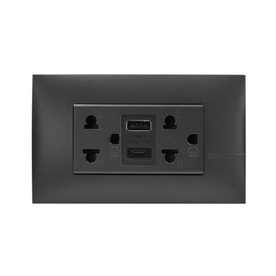 BTicino เต้ารับ USB Type A+C+เต้ารับคู่ 3ขา สีดำDuplex Socket 2P+E+USB Charger Type A+C,2Ports |Bamboo|AE4185ACGR