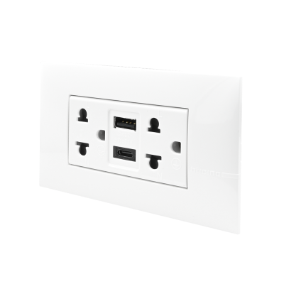 BTicino เต้ารับ USB Type A+C+เต้ารับคู่ 3ขา สีขาวDuplex Socket 2P+E + USB Charger Type A+C ,2Ports White|Bamboo|AE4185AC