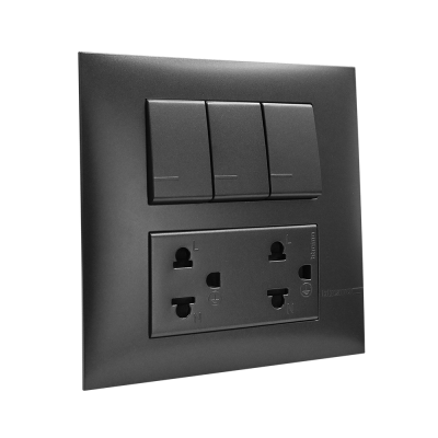 BTicino ชุดสวิตช์ทางเดียว + ชุดเต้ารับคู่ 3 ขา สีดำ 1Way Switch + Duplex Socket 16A 250V Black รุ่น Bamboo
