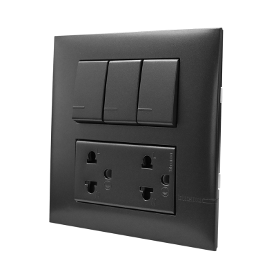 BTicino ชุดสวิตช์ทางเดียว + ชุดเต้ารับคู่ 3 ขา สีดำ 1Way Switch + Duplex Socket 16A 250V Black รุ่น Bamboo