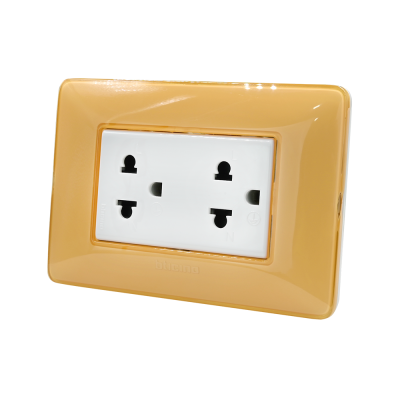 BTicino ชุดเต้ารับคู่มีกราวด์ 3ขา มีม่านนิรภัย พร้อมฝาครอบ 3ช่อง สีเหลือง มาติกซ์ |Matix |AM5025DWT+AM4803CAB