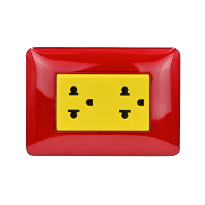 BTicino ชุดเต้ารับคู่มีกราวด์ 3ขา มีม่านนิรภัย พร้อมฝาครอบ 3ช่อง  สีแดง | Matix | AM5025DY+AM4803CRD