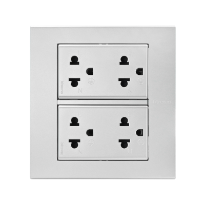 BTicino ชุดเต้ารับคู่ 3 ขา มีม่านนิรภัย พร้อมฝาครอบ 6 ช่อง สีเงิน | Matix | AA5526N+AA5025DWT+AA5025DWT