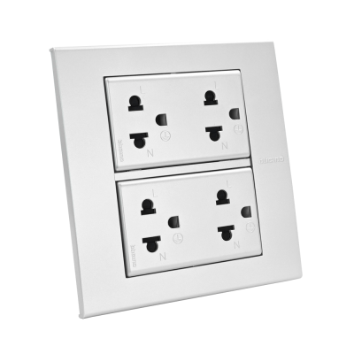 BTicino ชุดเต้ารับคู่ 3 ขา มีม่านนิรภัย พร้อมฝาครอบ 6 ช่อง สีเงิน | Matix | AA5526N+AA5025DWT+AA5025DWT