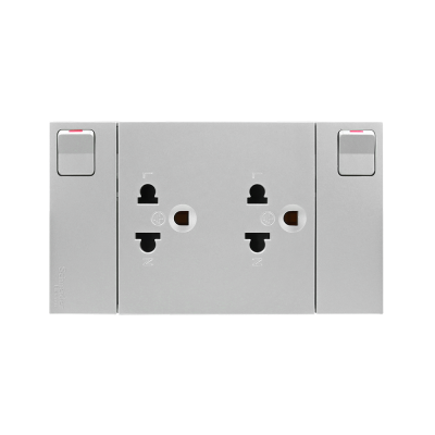 Schneider Electric ชุดเต้ารับคู่ 3 ขา มีม่านนิรภัยและสวิตซ์ควบคุม ประกอบสำเร็จรูป | สีเทา | AvatarOn A | M3T_SIS_GY